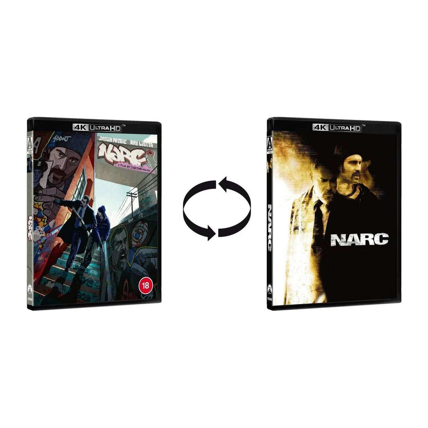 Narc Limited Edition 4K Ultra HD and Blu-Ray with reversible slipcover and extras, featuring original and commissioned artwork.