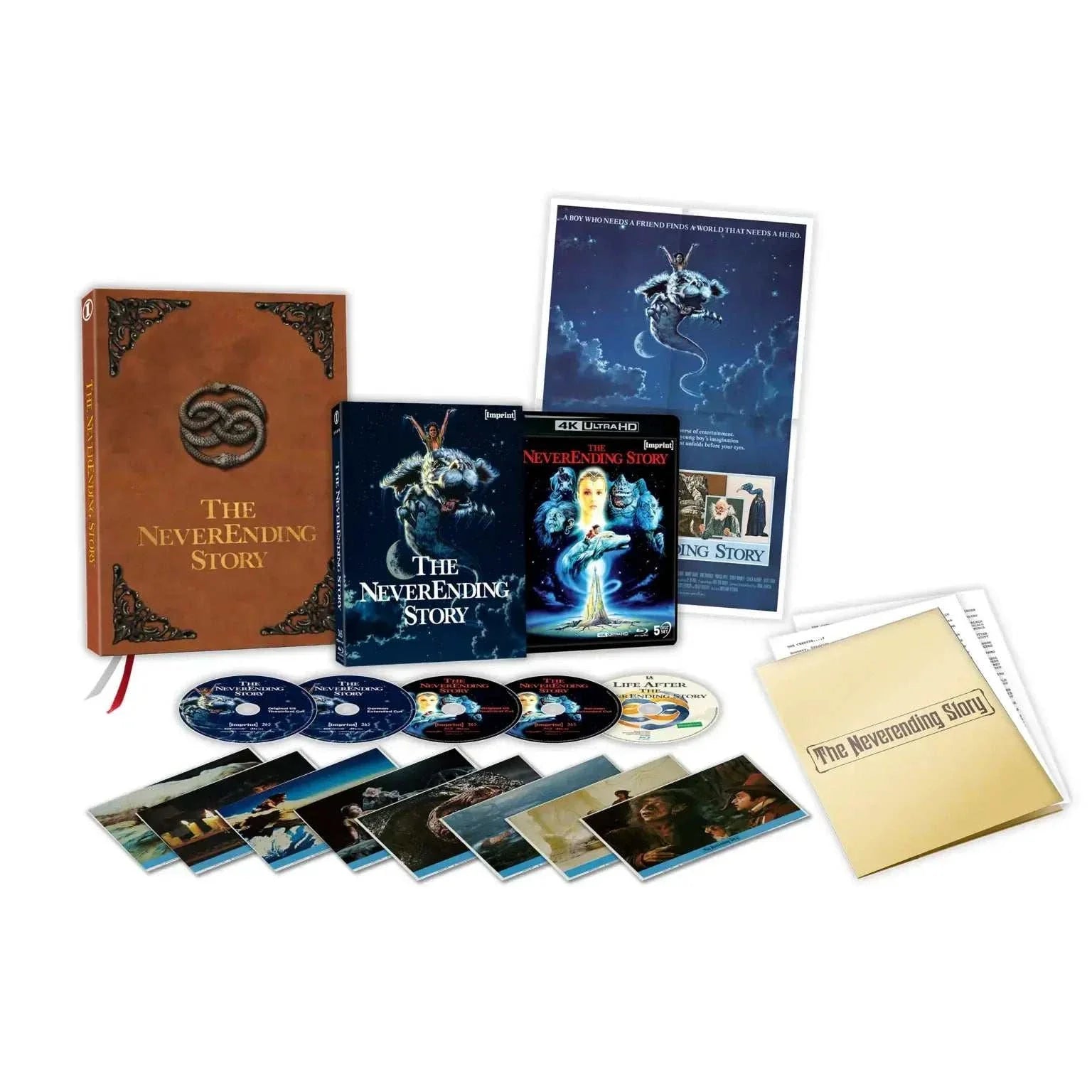 The NeverEnding Story 40th Anniversary Limited Edition 5-disc 4K UHD and Blu-ray set with replica storybook packaging, collector's prints, lobby cards, and documentary extras