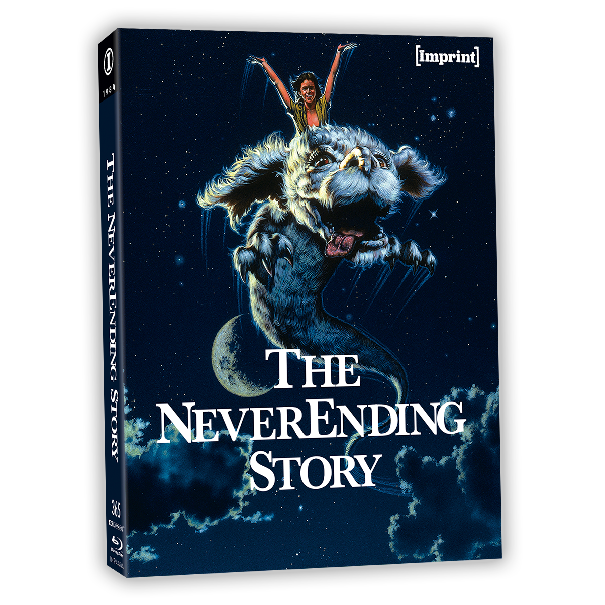 The NeverEnding Story 40th Anniversary Limited Edition 5-disc 4K UHD and Blu-ray set with exclusive replica storybook packaging featuring fantasy artwork of a child riding a flying dragon-like creature against a starry night sky.