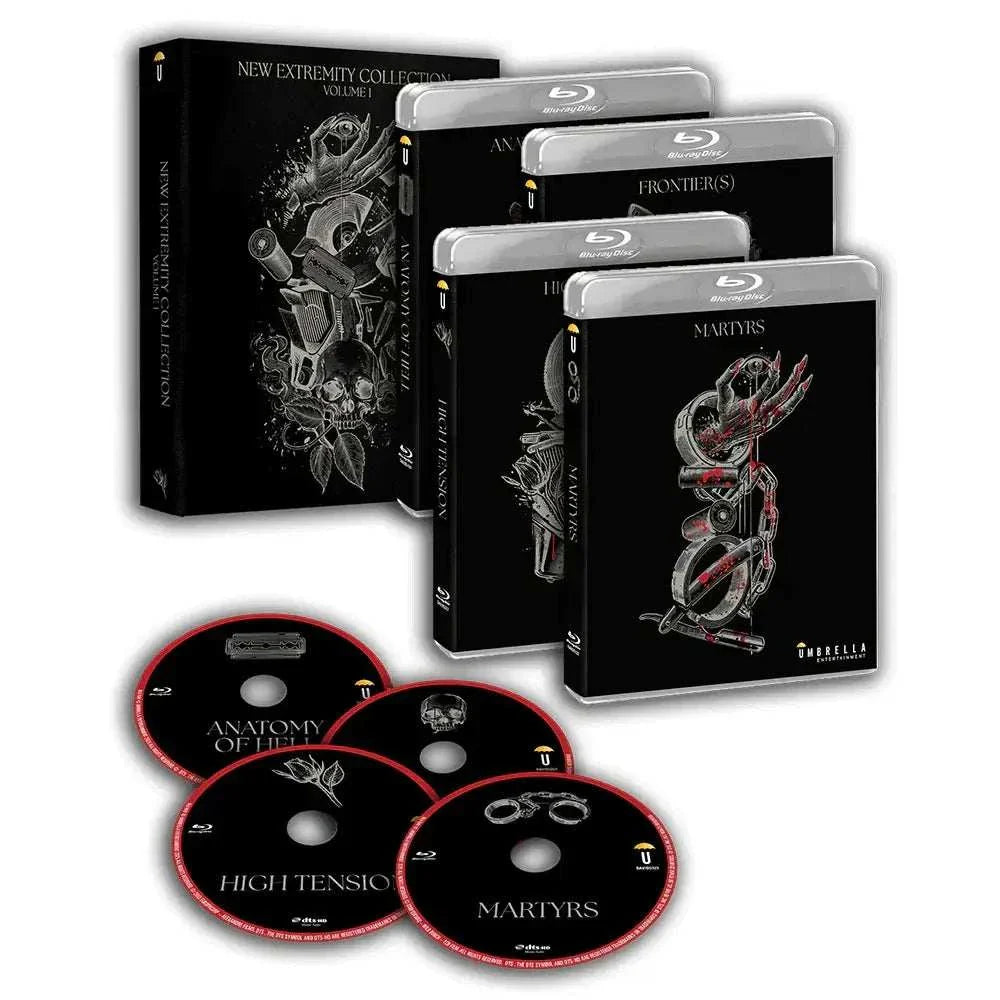 New Extremity Collection Volume 1 Blu-Ray set with four uncut horror films High Tension, Anatomy of Hell, Frontier(s), and Martyrs in black cases with illustrated box and discs.