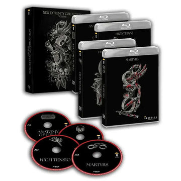 New Extremity Collection Volume 1 Blu-Ray set with four uncut horror films High Tension, Anatomy of Hell, Frontier(s), and Martyrs in black cases with illustrated box and discs.