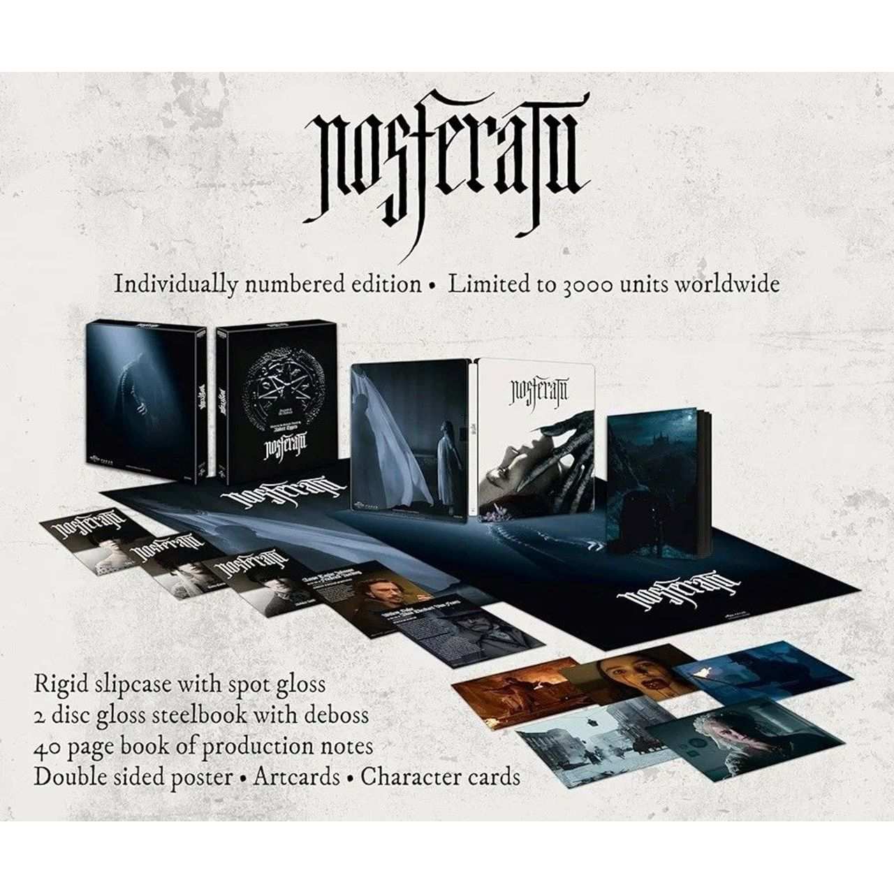 Nosferatu Ultimate Collectors Edition steelbook with rigid slipcase, 2 discs, 40-page book, poster, artcards, and character cards.