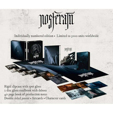 Nosferatu Ultimate Collectors Edition steelbook with rigid slipcase, 2 discs, 40-page book, poster, artcards, and character cards.