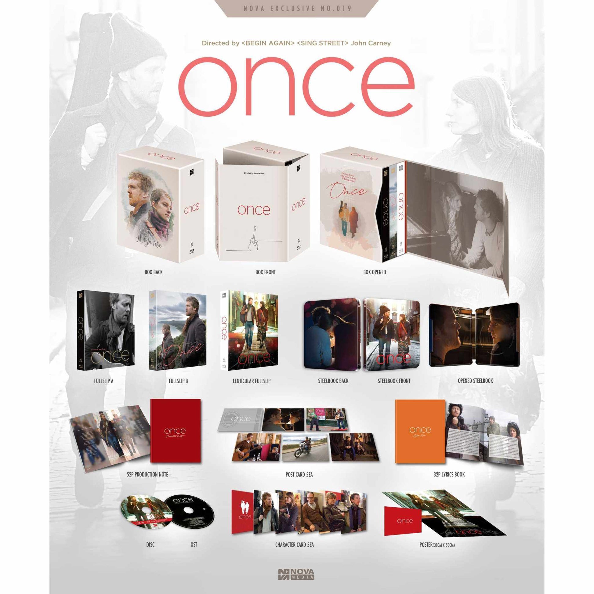 Once Limited Edition Steelbook Blu-Ray and CD One-Click Box Set including slipcases, poster, production notes booklet, and exclusive extras for the musical film Once.