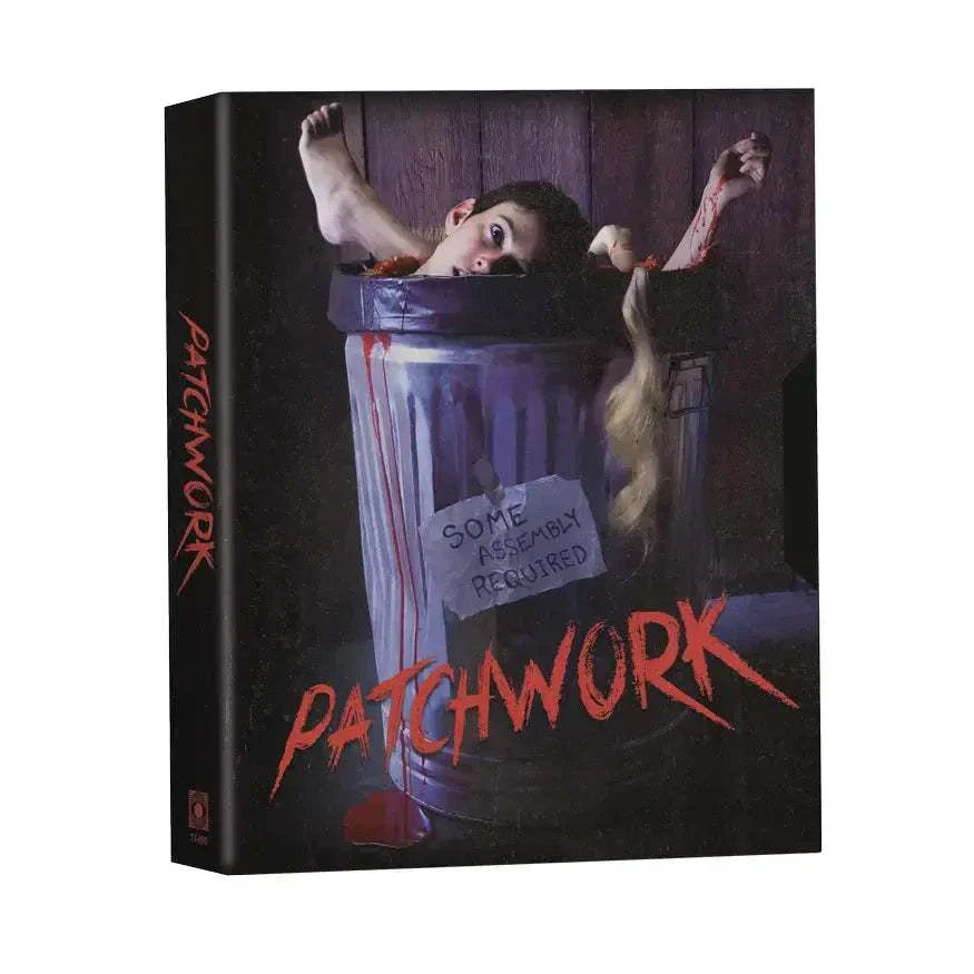 Patchwork (2015) limited edition rigid box set with horror-themed cover featuring a sewn-together body in a trash can and blood effects, including 4K UHD, Blu-Ray, and CD.