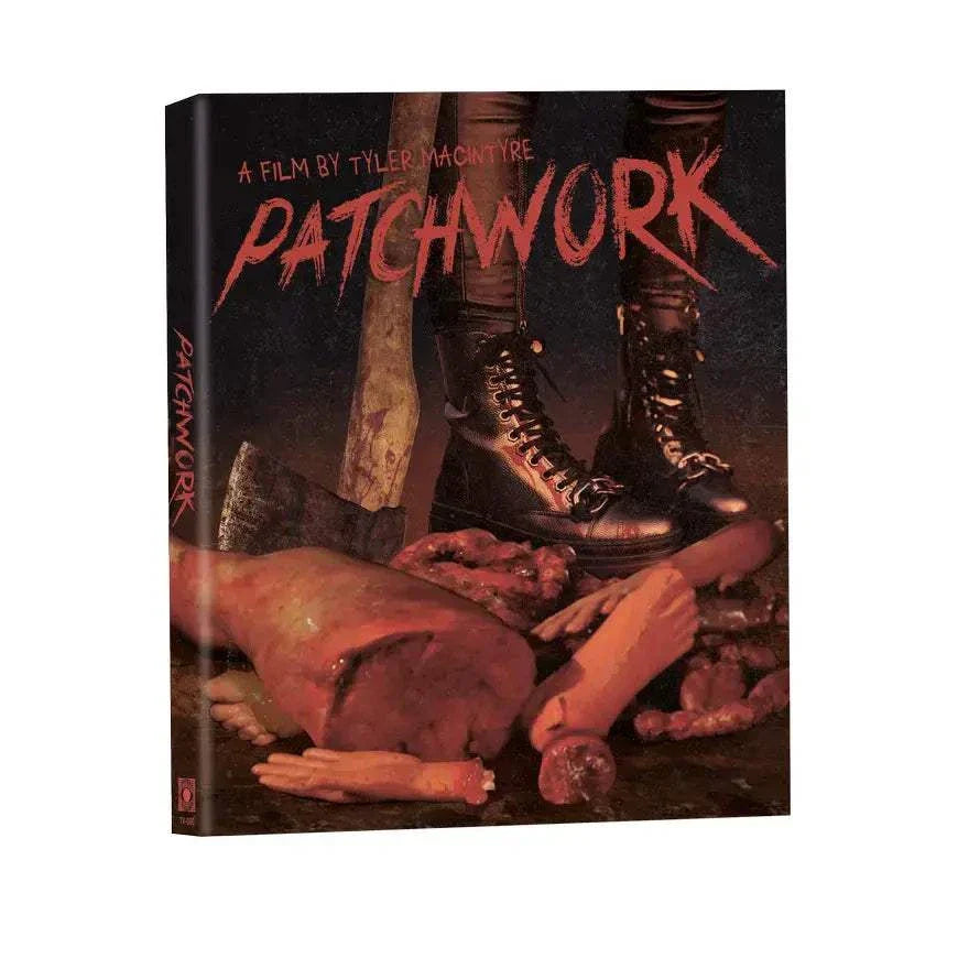 Patchwork (2015) limited edition rigid box set with horror-themed cover featuring a sewn-together body in a trash can and blood effects, including 4K UHD, Blu-Ray, and CD.