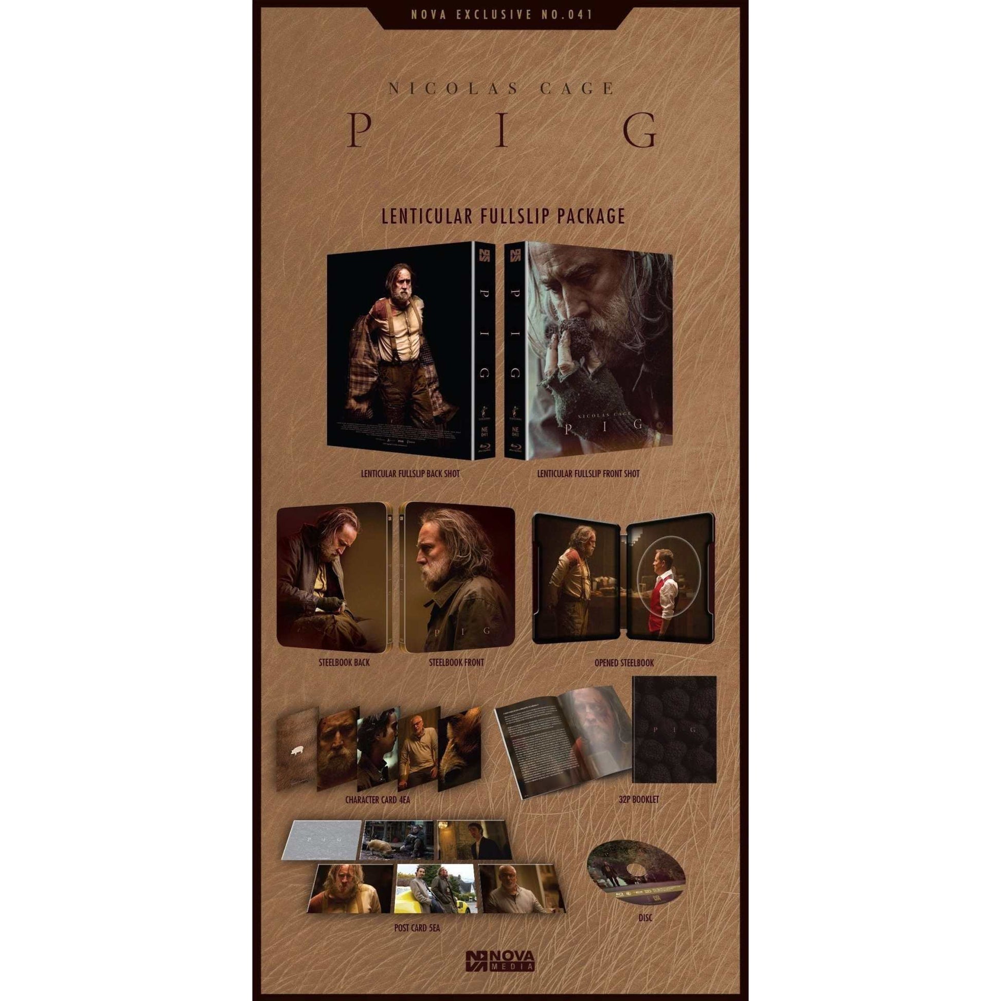 Pig Limited Edition Steelbook Blu-Ray lenticular full slip with Nicolas Cage, character cards, postcards, booklet, and special features