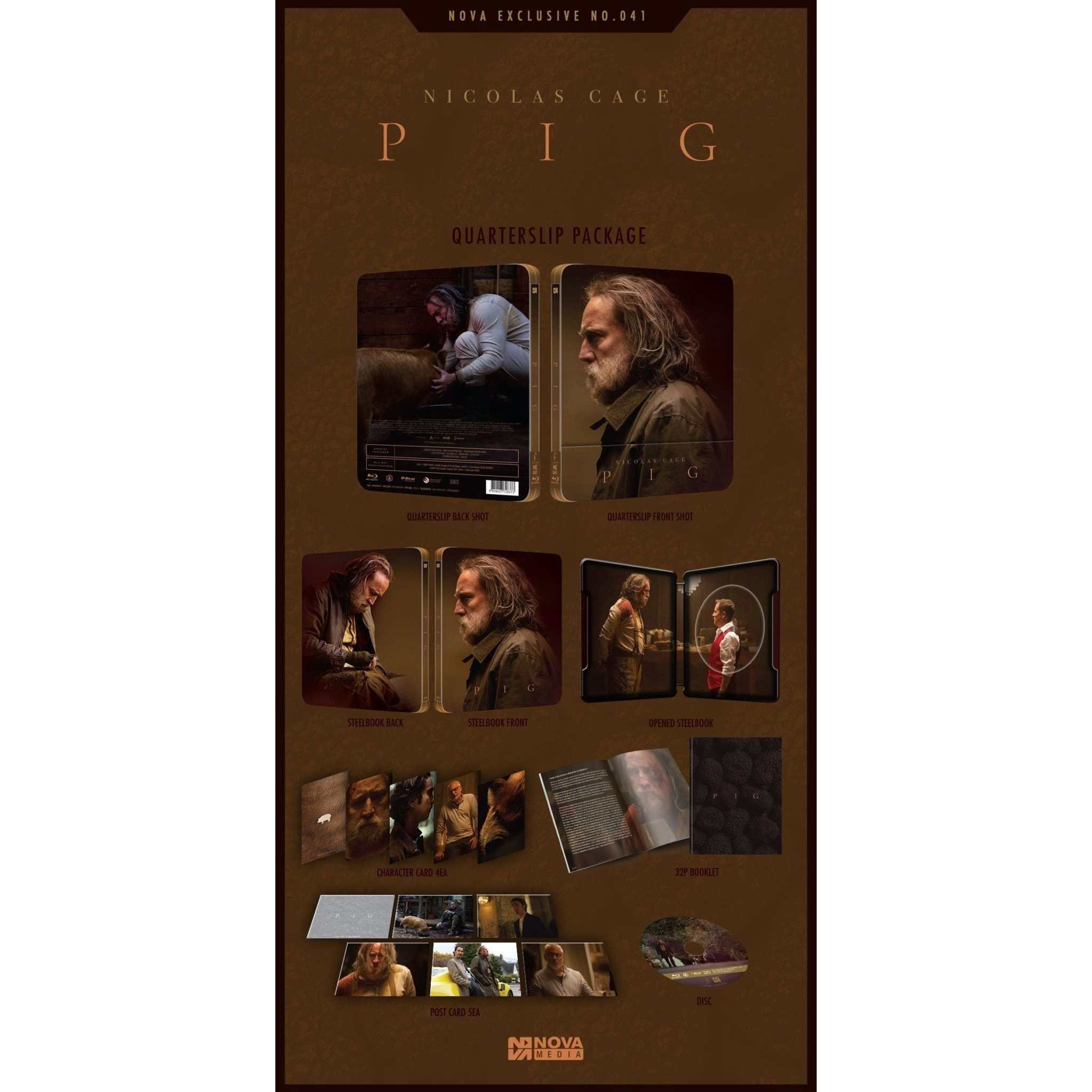 Pig Limited Edition Steelbook Blu-Ray 1/4 Slip with Extras, featuring Nicolas Cage, Nova Media exclusive packaging.