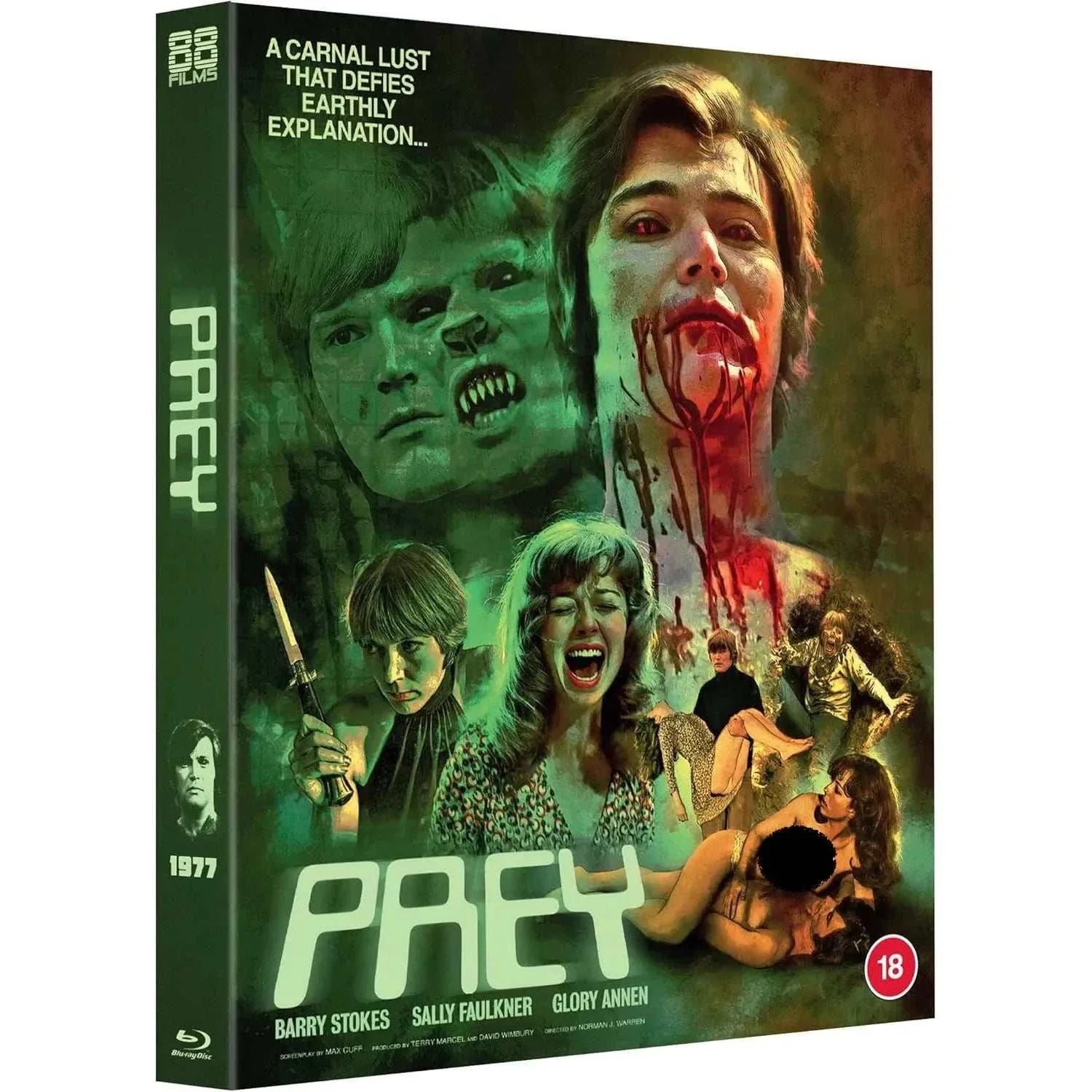 Prey 1977 Blu-Ray cover art featuring horror sci-fi imagery with a bloodied woman and shapeshifting alien faces