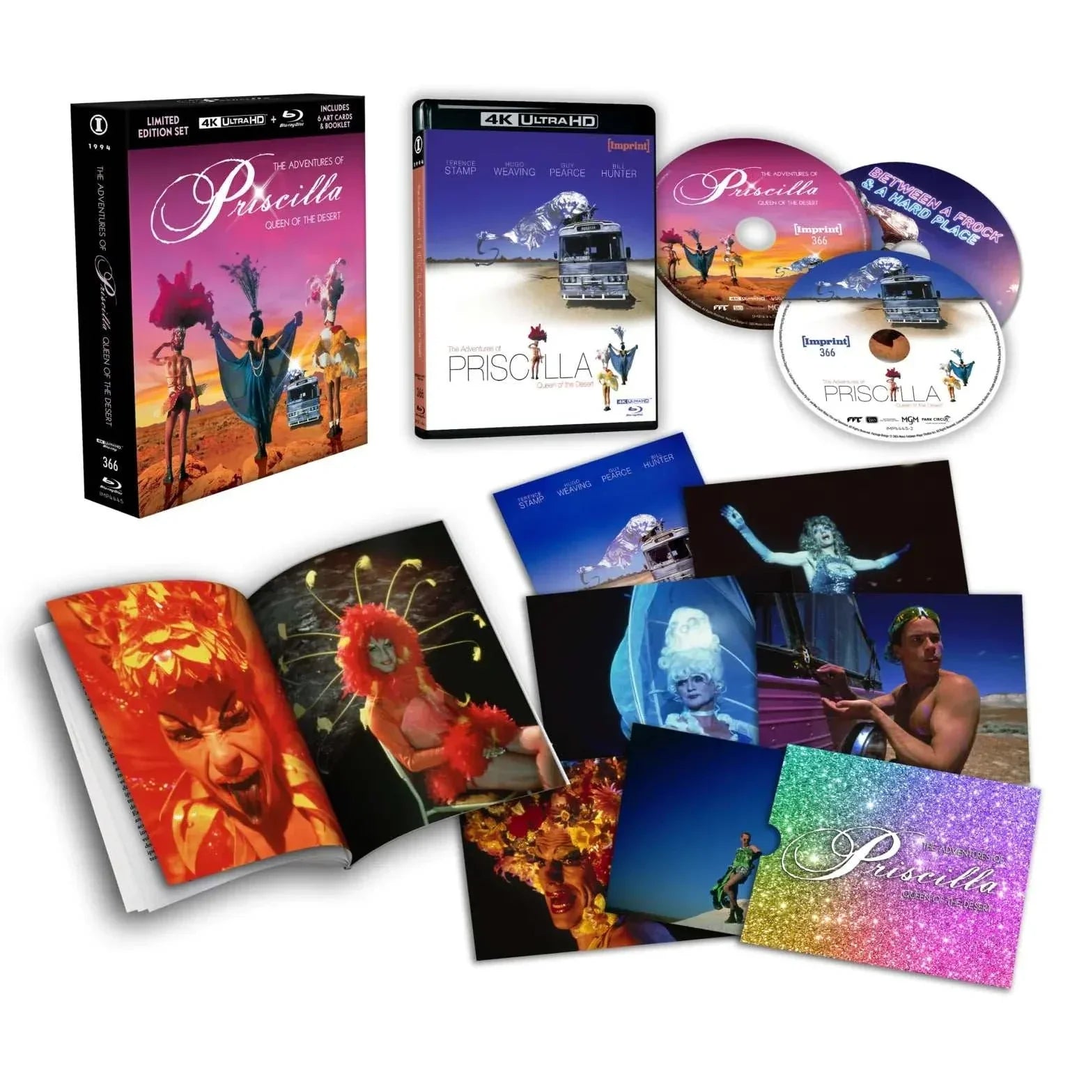 Priscilla Queen of the Desert 30th Anniversary Limited Edition 4K UHD and Blu-ray set with lenticular hardbox, art cards, booklet, and special features.