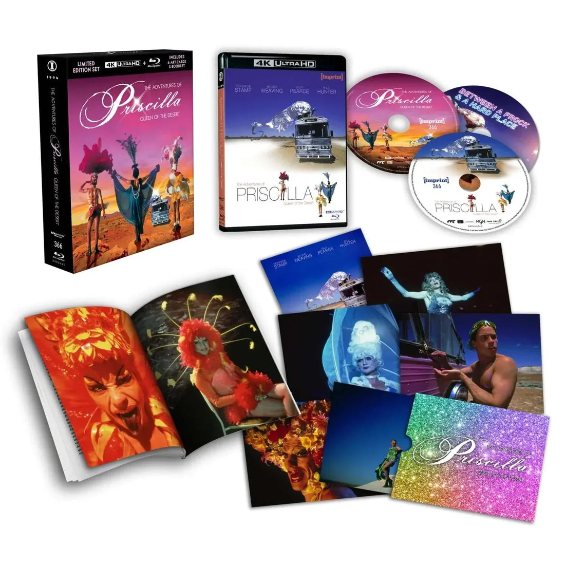 Priscilla Queen of the Desert 30th Anniversary Limited Edition 4K UHD and Blu-ray set with lenticular hardbox, art cards, booklet, and special features.
