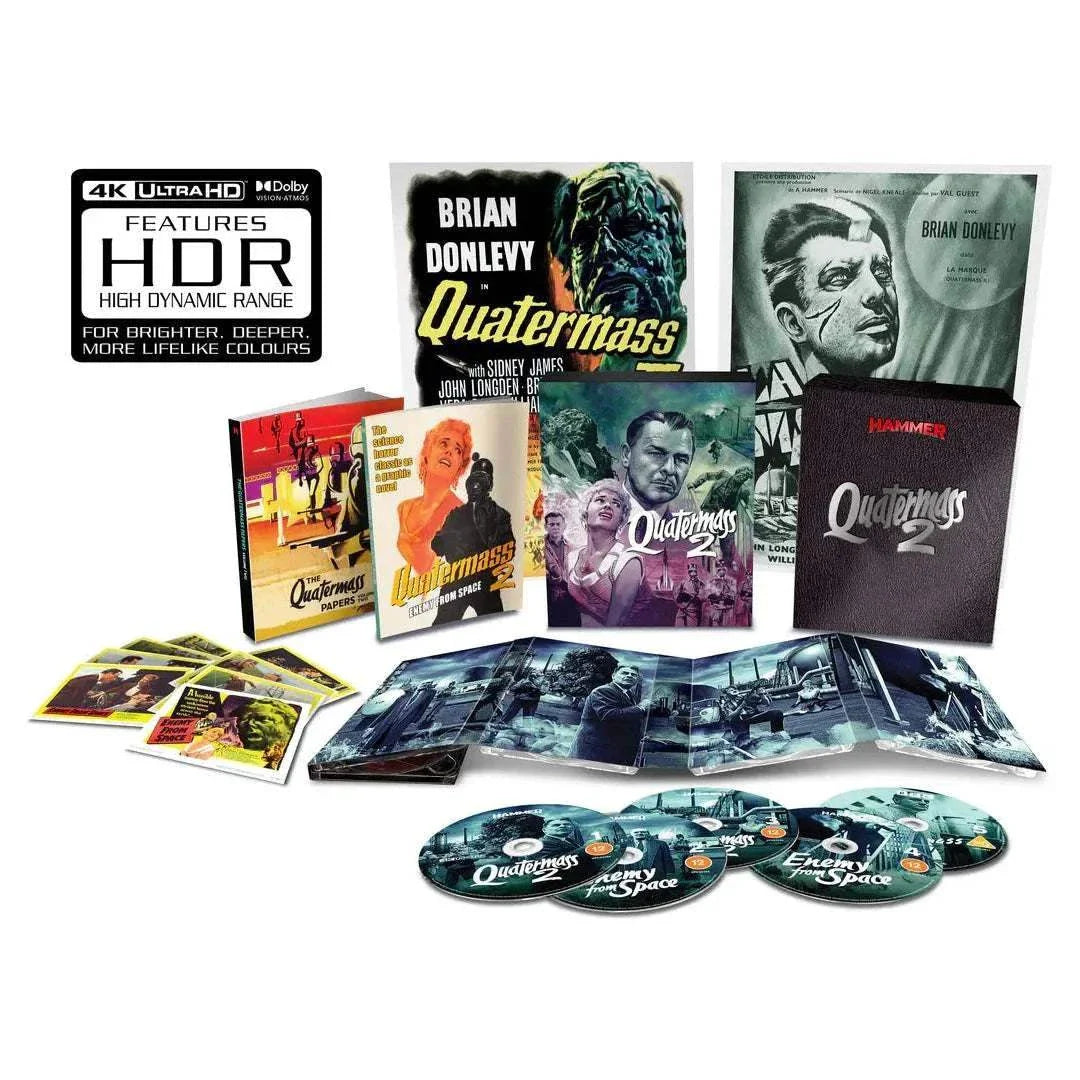 Quatermass 2 Limited Collector's Edition 4K Ultra HD and Blu-Ray set with slipcase, featuring multiple versions, art cards, booklets, and exclusive extras.
