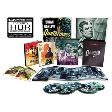 Quatermass 2 Limited Collector's Edition 4K Ultra HD and Blu-Ray set with slipcase, featuring multiple versions, art cards, booklets, and exclusive extras.