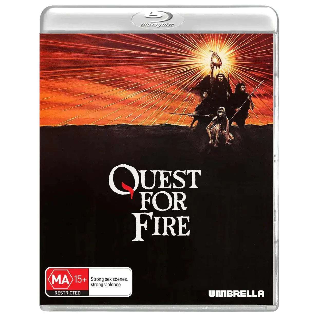 Quest For Fire 1981 Blu-ray with limited edition slipcover showing prehistoric figures and fiery background