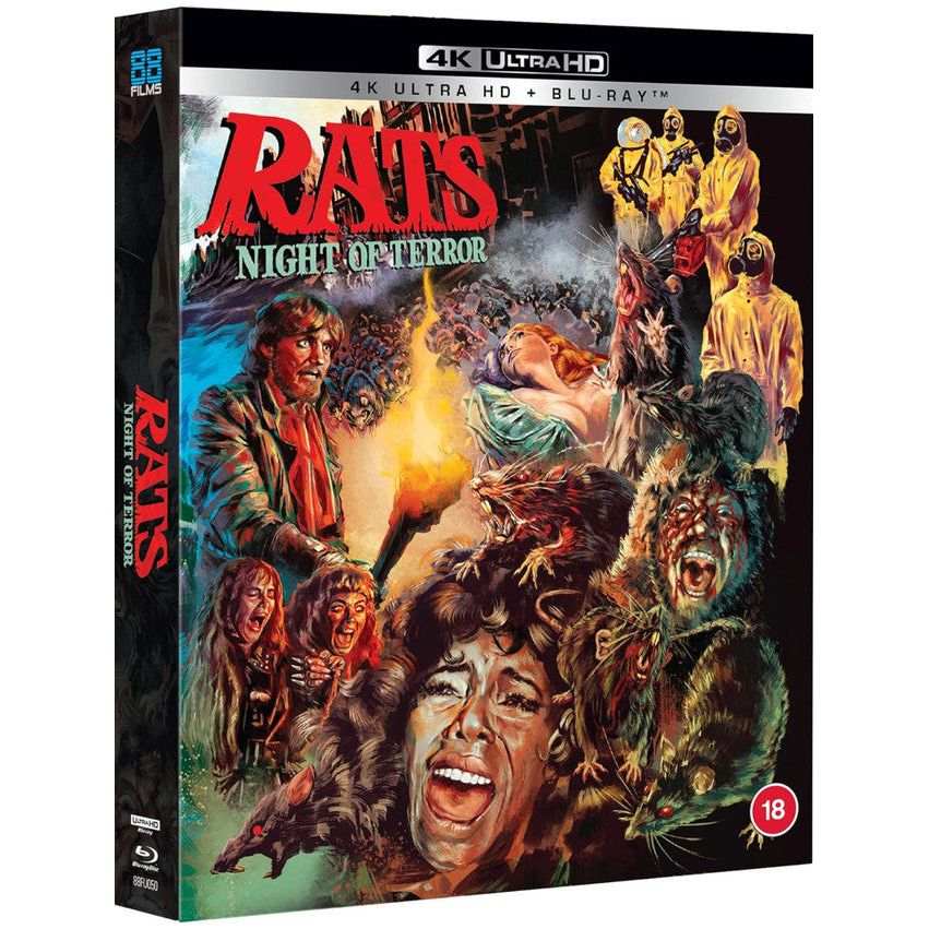 Rats Night Of Terror 4K Ultra HD and Blu-ray slipcover edition featuring post-apocalyptic horror with flesh-eating rodents and intense creature action.