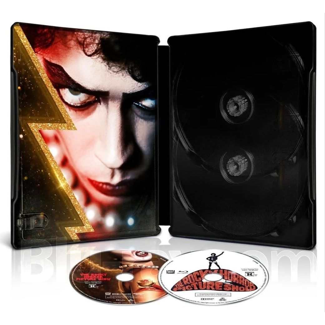 The Rocky Horror Picture Show 50th Anniversary Steelbook edition with 4K UHD and Blu-Ray discs featuring restored film and special features.