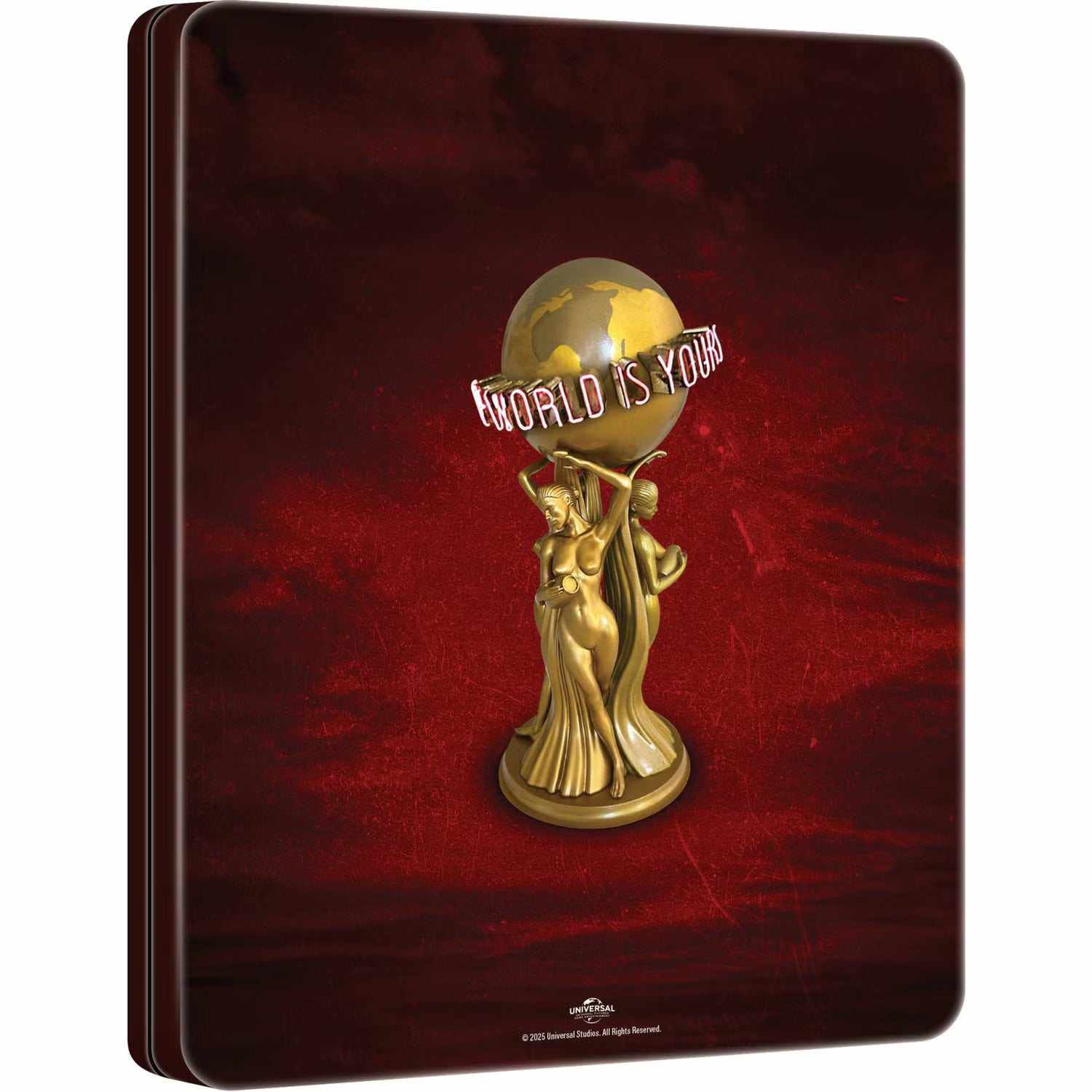 Scarface 1983 limited edition UK steelbook 4K Ultra HD and Blu-Ray with World is Yours trophy on red background