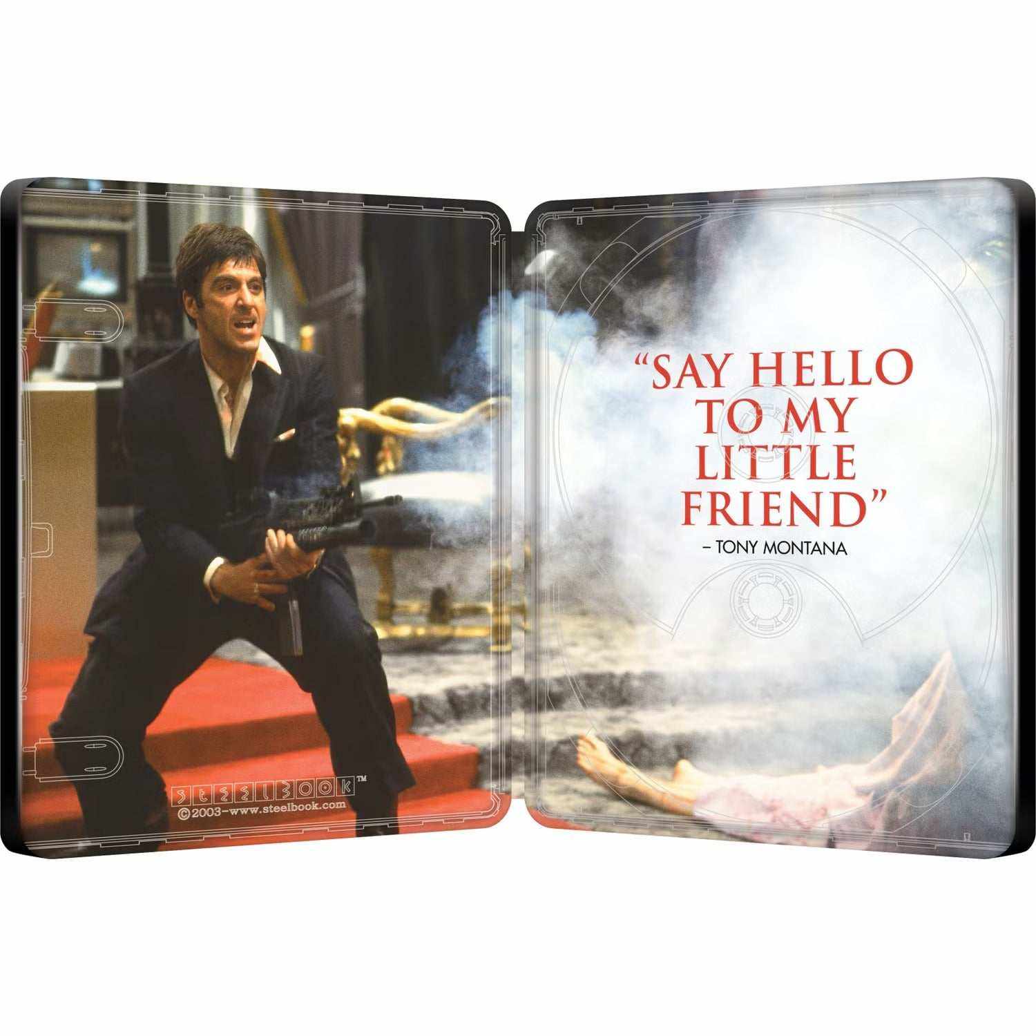 Inside view of Scarface 1983 limited edition UK steelbook showing Tony Montana with a gun and the quote "Say hello to my little friend"