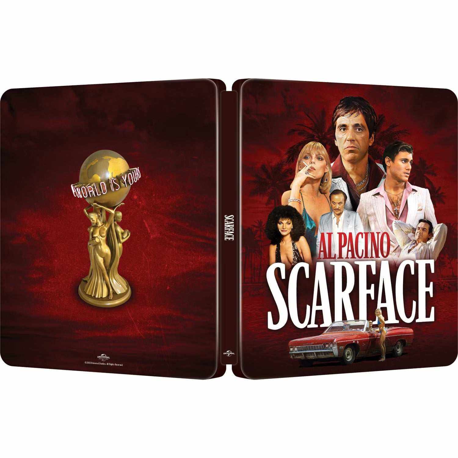 Scarface 1983 limited edition UK steelbook 4K Ultra HD and Blu-Ray cover featuring Tony Montana and main characters with World is Yours statue on back