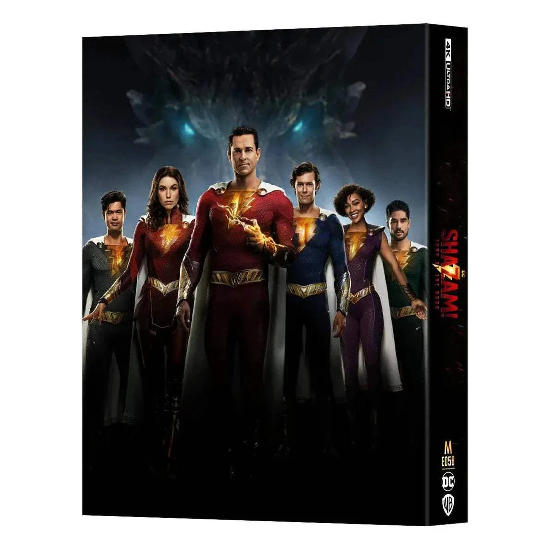 Shazam! Fury of Gods 4K UHD and Blu-Ray steelbook with full slip, featuring adult Shazam holding lightning, limited edition numbered collectible packaging