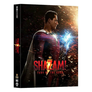Shazam! Fury of Gods 4K UHD and Blu-Ray steelbook with full slip, featuring adult Shazam holding lightning, limited edition numbered collectible packaging