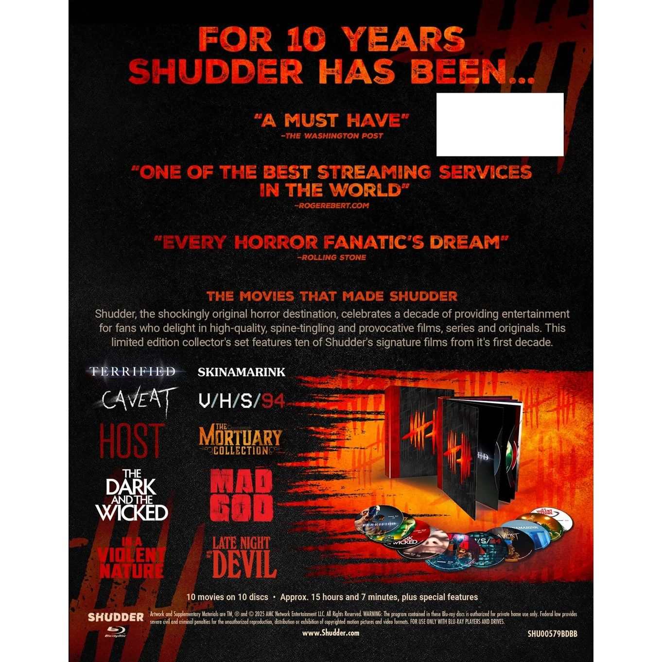 Shudder: A Decade of Fearless Horror 10th Anniversary Blu-Ray box set featuring 10 iconic horror films in digipack packaging