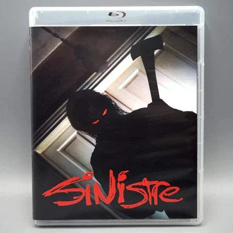 Sinistre Blu-Ray with slipcover featuring a silhouetted figure holding an axe against a door backdrop, emphasizing the horror theme.