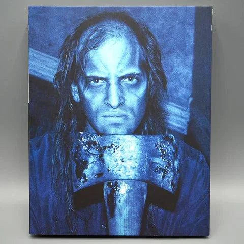 Sinistre Blu-Ray cover featuring a blue-tinted, intense figure holding an axe.