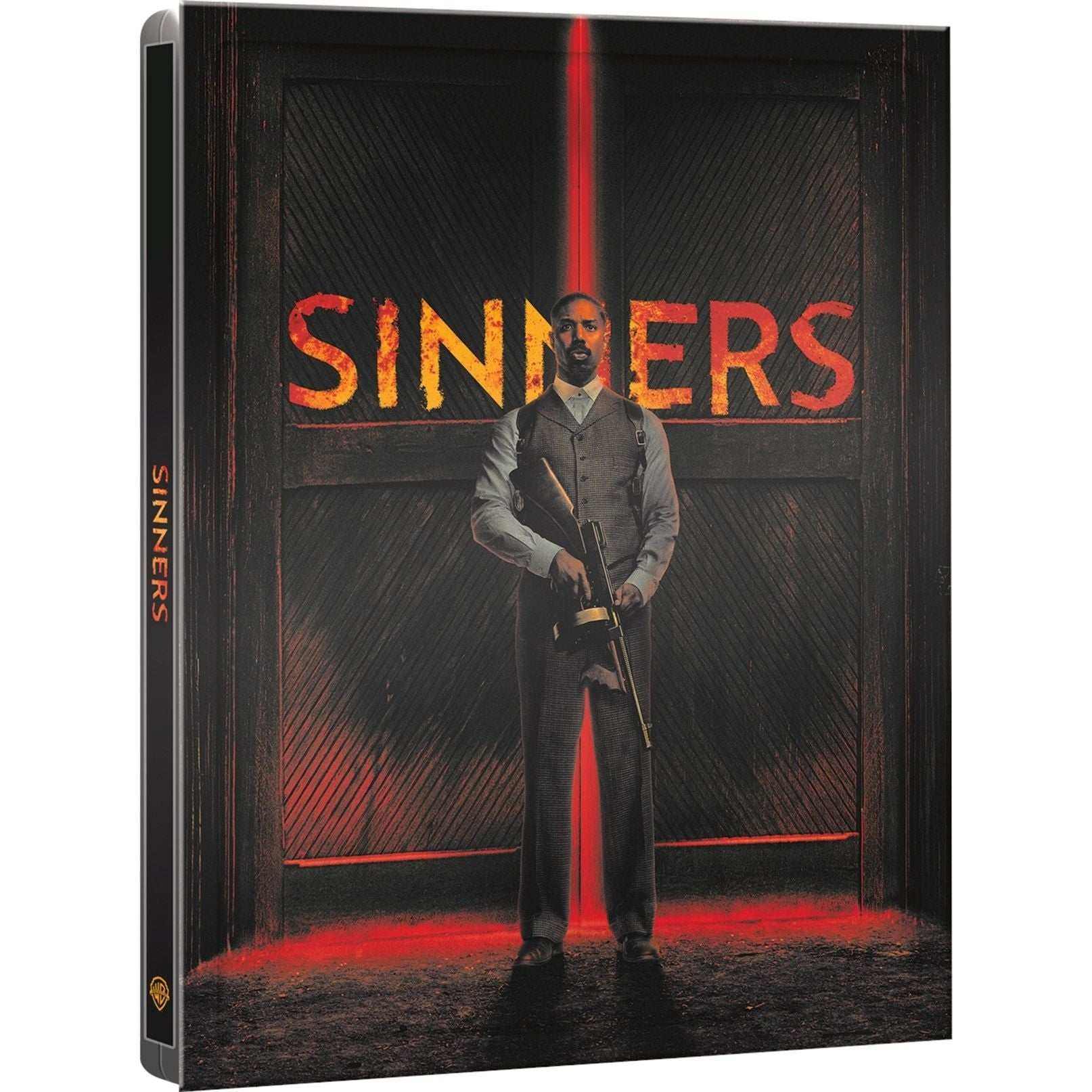 Sinners Limited Edition UK Steelbook 4K Ultra HD Blu-Ray cover showing a man holding a gun with red glowing text and dark background