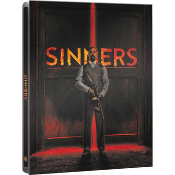 Sinners Limited Edition UK Steelbook 4K Ultra HD Blu-Ray cover showing a man holding a gun with red glowing text and dark background