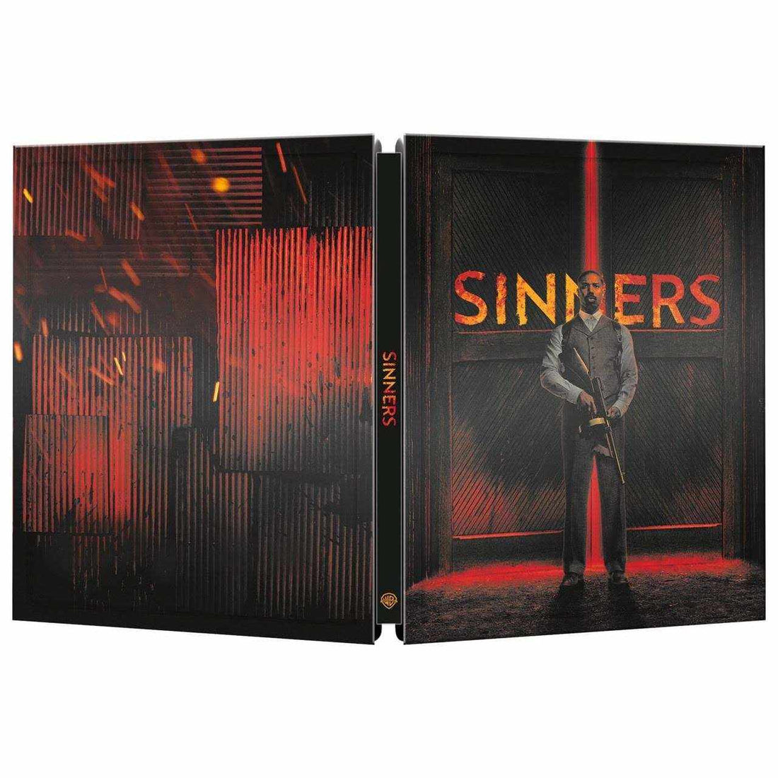 Sinners Limited Edition UK Steelbook 4K Ultra HD Blu-Ray cover showing a man holding a gun with red glowing text and dark background