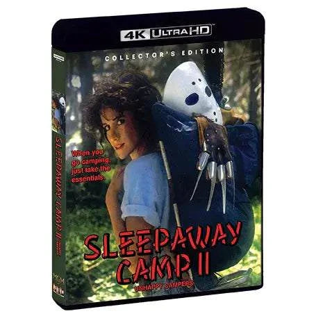 Sleepaway Camp II 4K UHD Collector's Edition cover with horror character carrying a woman and tagline "When you go camping, just take the essentials"