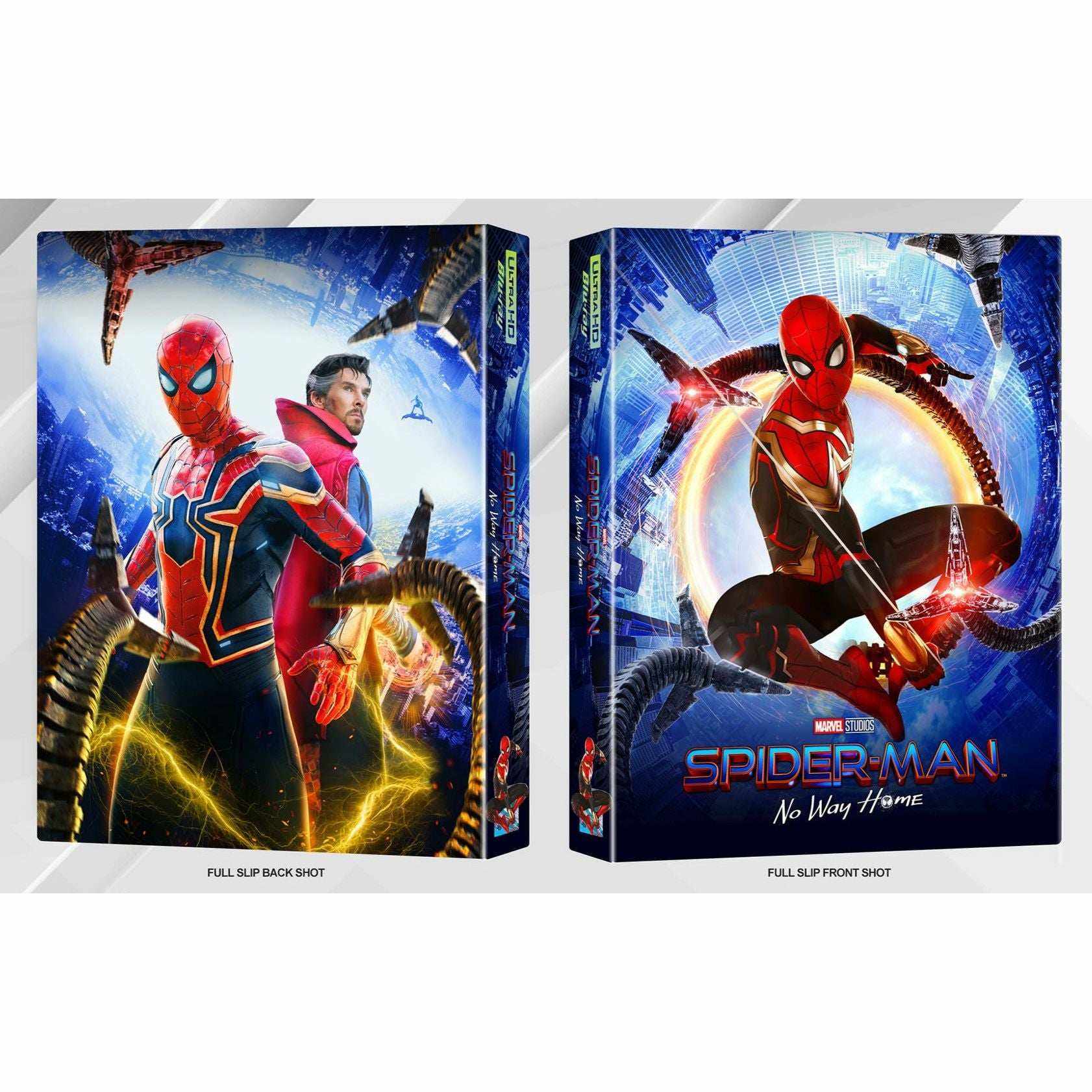Spider-Man: No Way Home 4K UHD and Blu-Ray steelbook limited edition with slipcovers featuring Spider-Man and Doctor Strange against a multiverse background