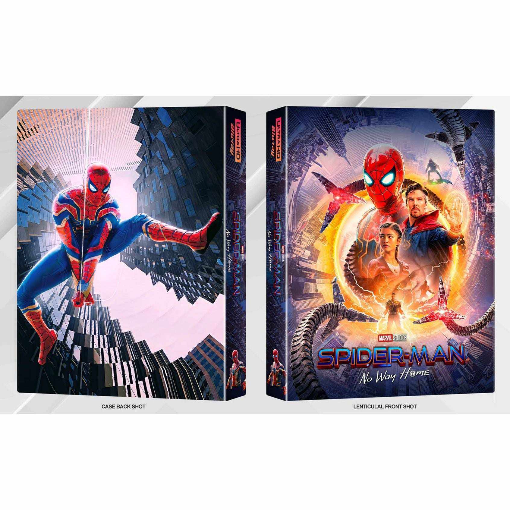 Spider-Man: No Way Home 4K UHD and Blu-Ray steelbook limited edition with lenticular full slip cover featuring Spider-Man and characters from the multiverse.