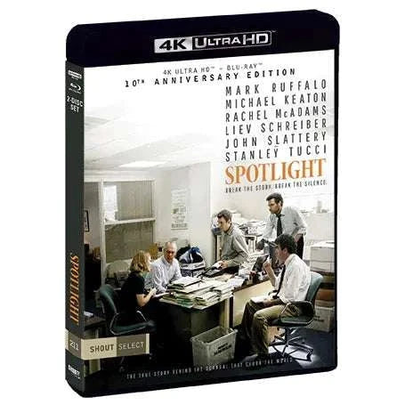 Spotlight 10th Anniversary Edition 4K UHD and Blu-Ray with limited edition slipcover showing film cast in newsroom scene