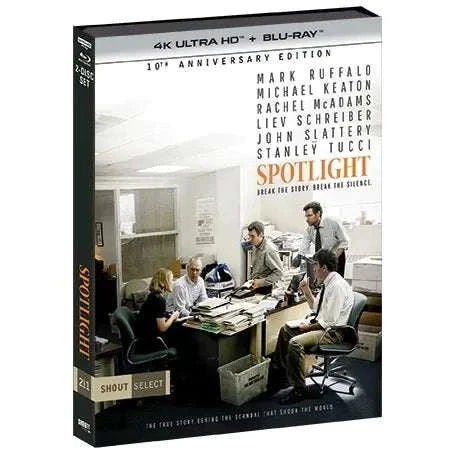 Spotlight 10th Anniversary Edition 4K UHD and Blu-Ray with limited edition slipcover showing film cast in newsroom scene