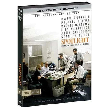 Spotlight 10th Anniversary Edition 4K UHD and Blu-Ray with limited edition slipcover showing film cast in newsroom scene