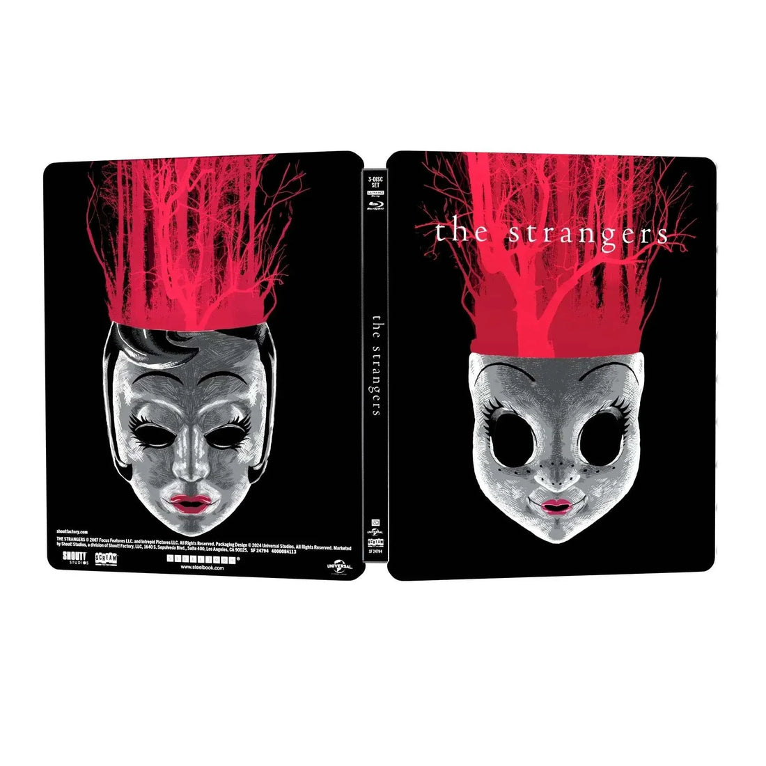The Strangers 4K UHD limited edition steelbook with eerie mask and red tree design on cover