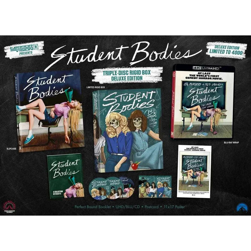 Student Bodies 1981 deluxe 3-disc UHD, Blu-ray, CD set with rigid slipcase, booklet, postcard, and poster box packaging