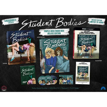 Student Bodies 1981 deluxe 3-disc UHD, Blu-ray, CD set with rigid slipcase, booklet, postcard, and poster box packaging