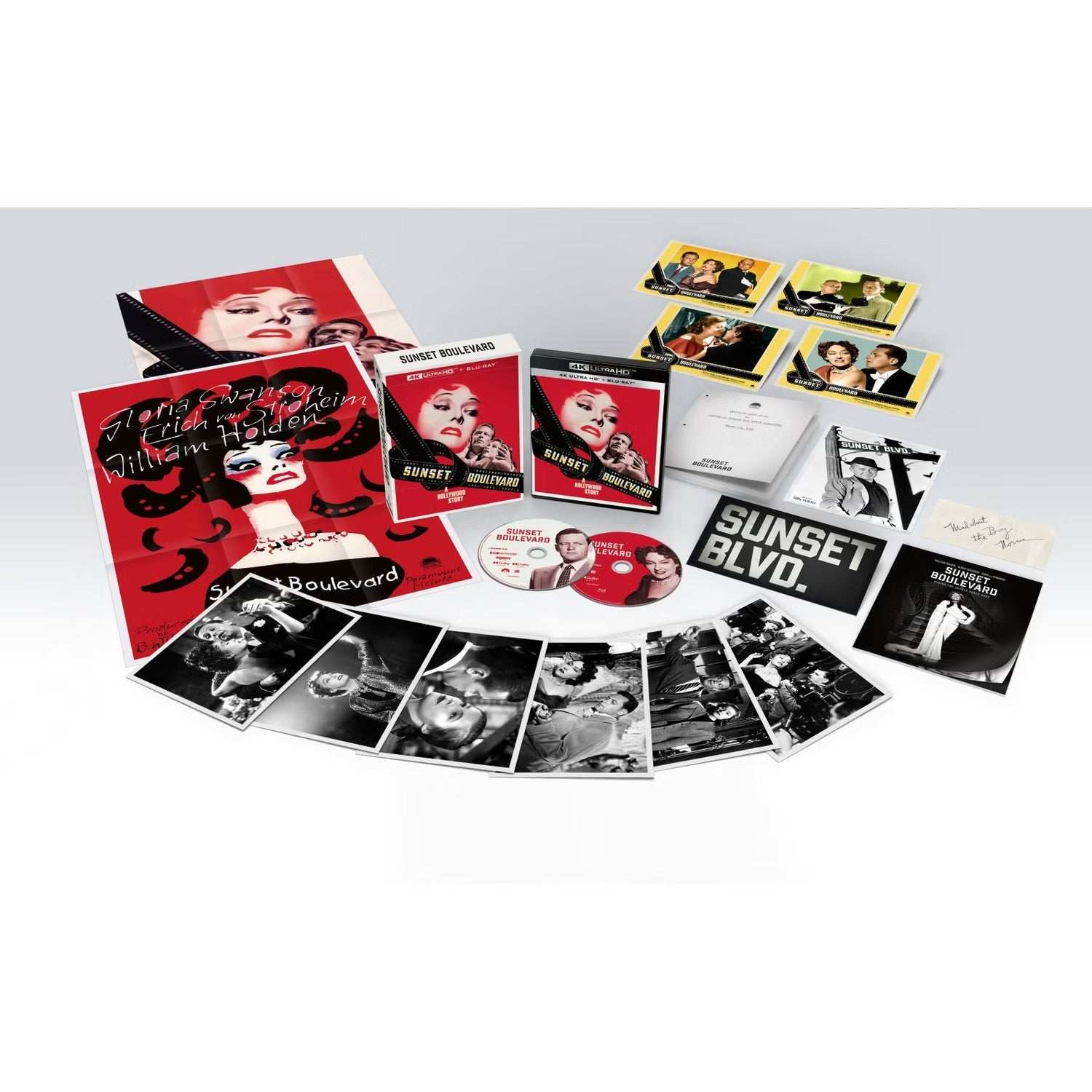 Sunset Boulevard Limited Collectors Edition 4K Ultra HD and Blu-Ray set with lobby cards, posters, art cards, photo book, and memorabilia in rigid slipcase
