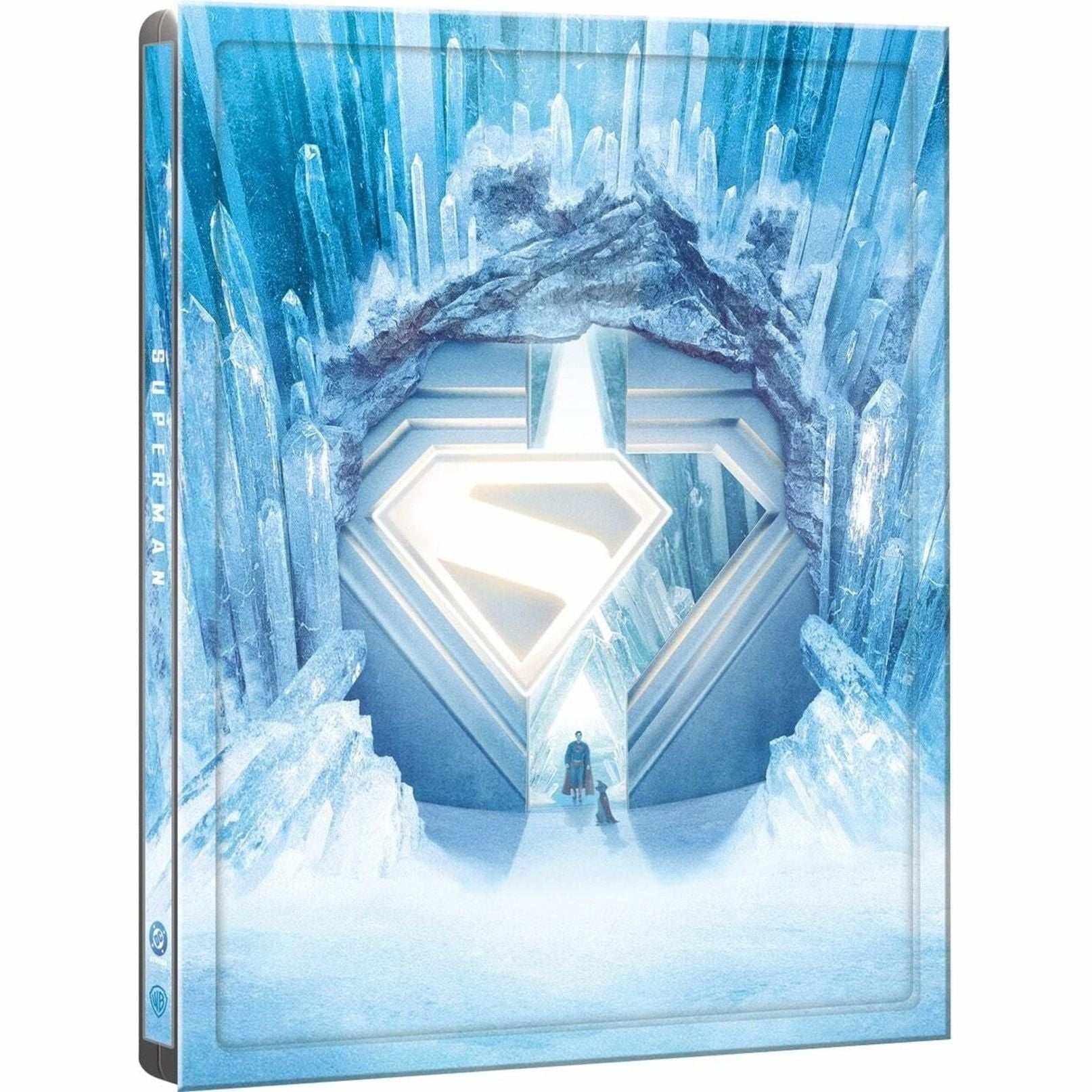Limited edition Superman (2025) Steelbook 4K Ultra HD and Blu-Ray with icy fortress design and glowing emblem.