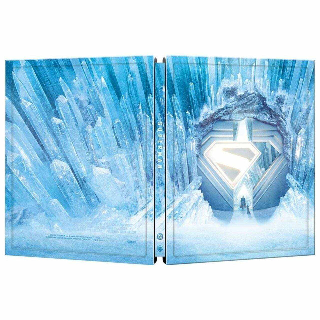 Limited edition Superman (2025) Steelbook 4K Ultra HD and Blu-Ray with icy fortress design and glowing emblem.