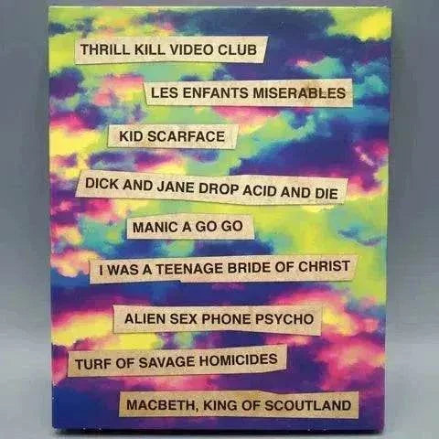 Colorful Blu-ray slipcover for Art Label's Surf Reality Movie of the Month Club Collection featuring titles like "Thrill Kill Video Club" and "Kid Scarface".