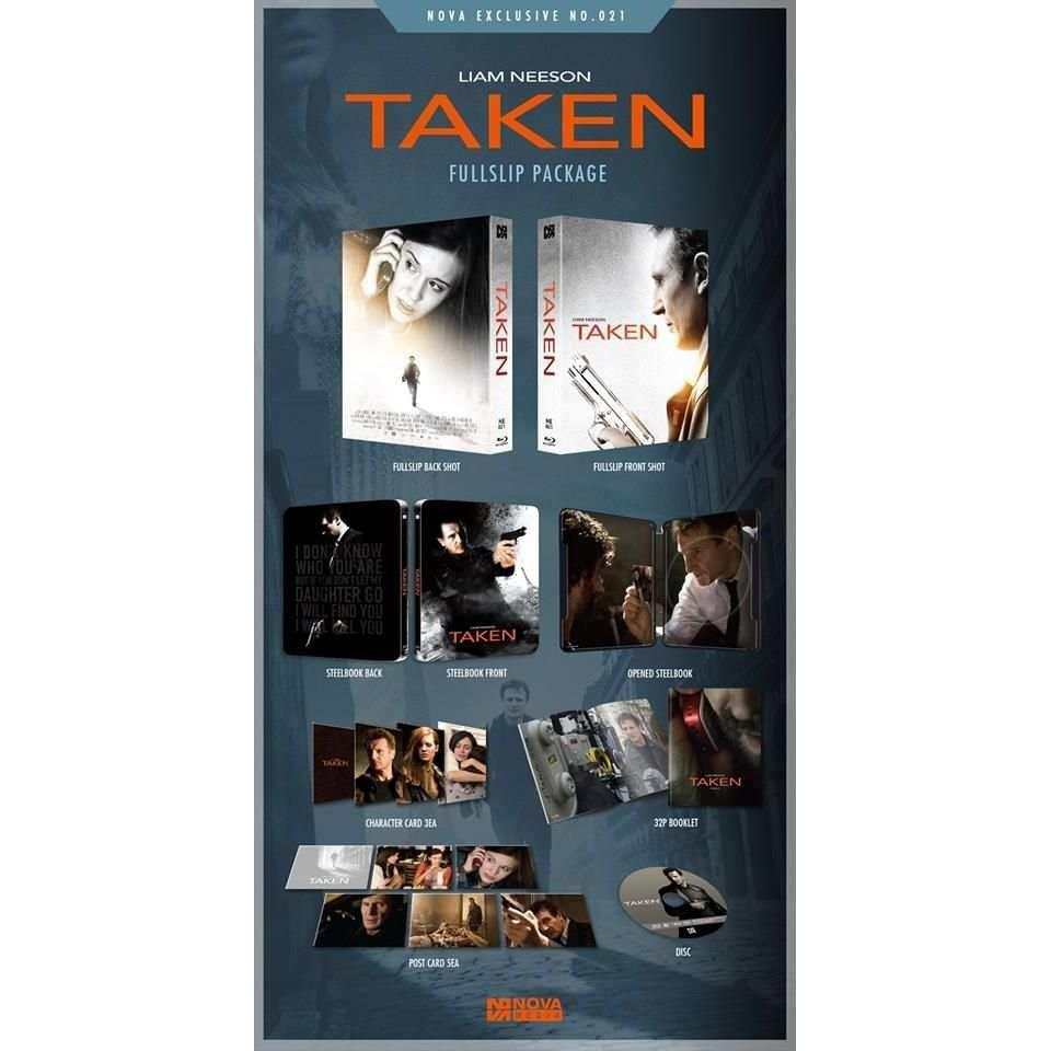 Taken Limited Edition Steelbook Blu-Ray with full slipcase, character cards, 32-page booklet, and exclusive extras featuring Liam Neeson action thriller film packaging.