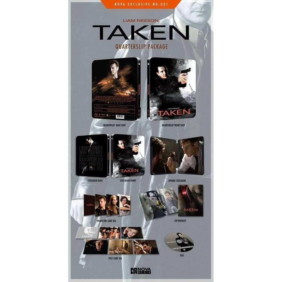 Taken Limited Edition Steelbook Blu-Ray with 1/4 Slip and Extras, featuring Liam Neeson on cover.