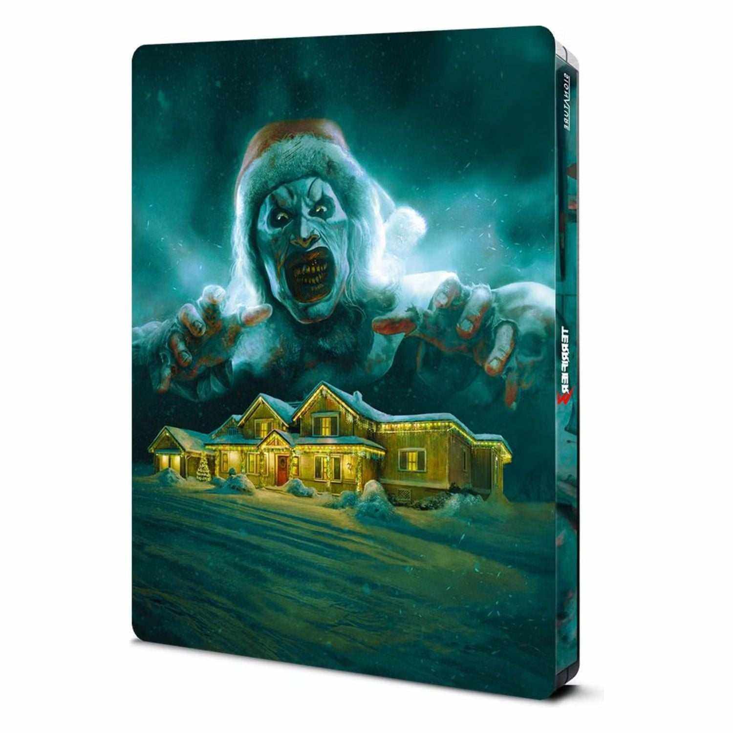 Terrifier 3 Limited Edition UK Steelbook 4K Ultra HD featuring Art the Clown with a snowy house background