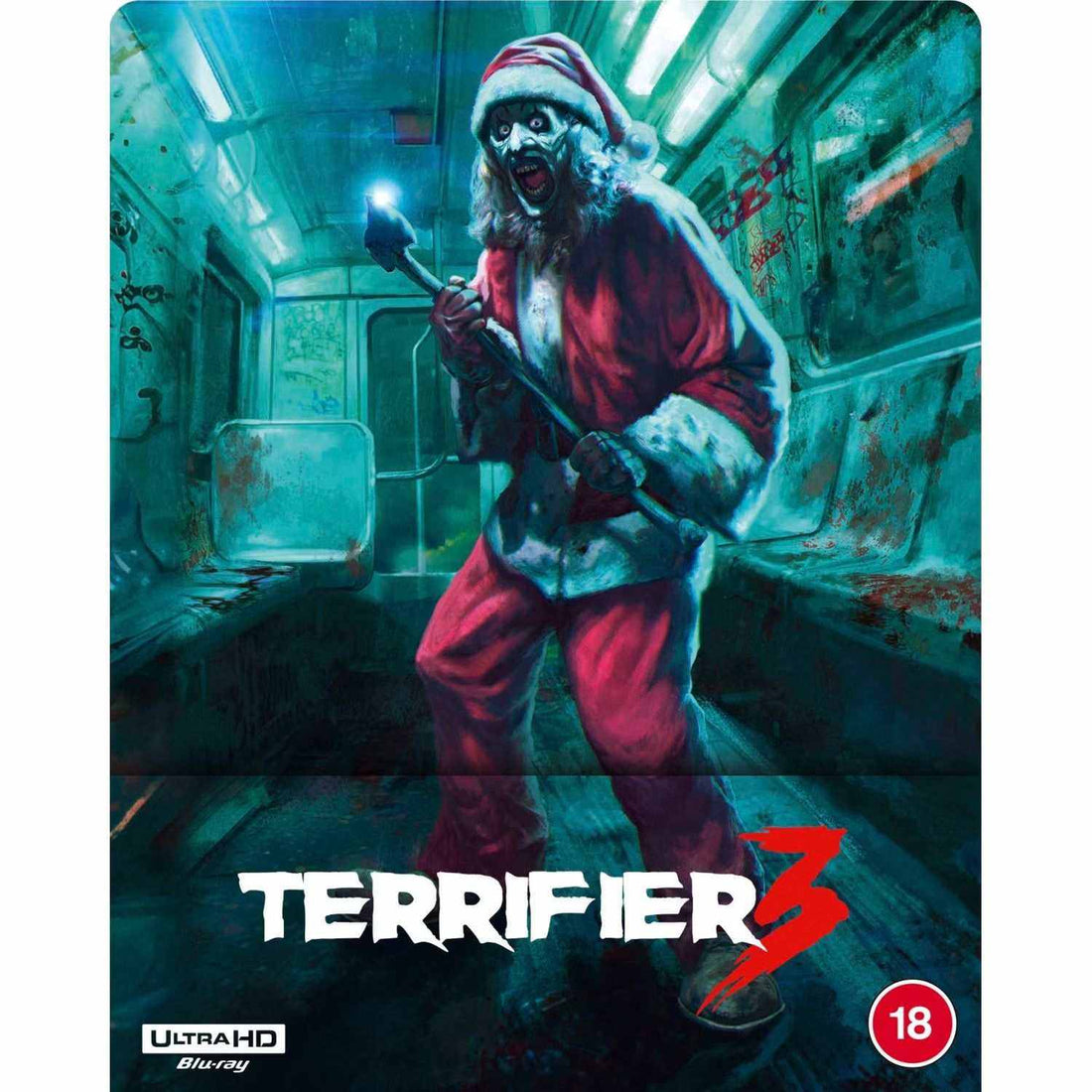 Terrifier 3 Limited Edition UK Steelbook 4K Ultra HD horror movie cover featuring Art the Clown in a Santa suit inside a blood-stained subway car.