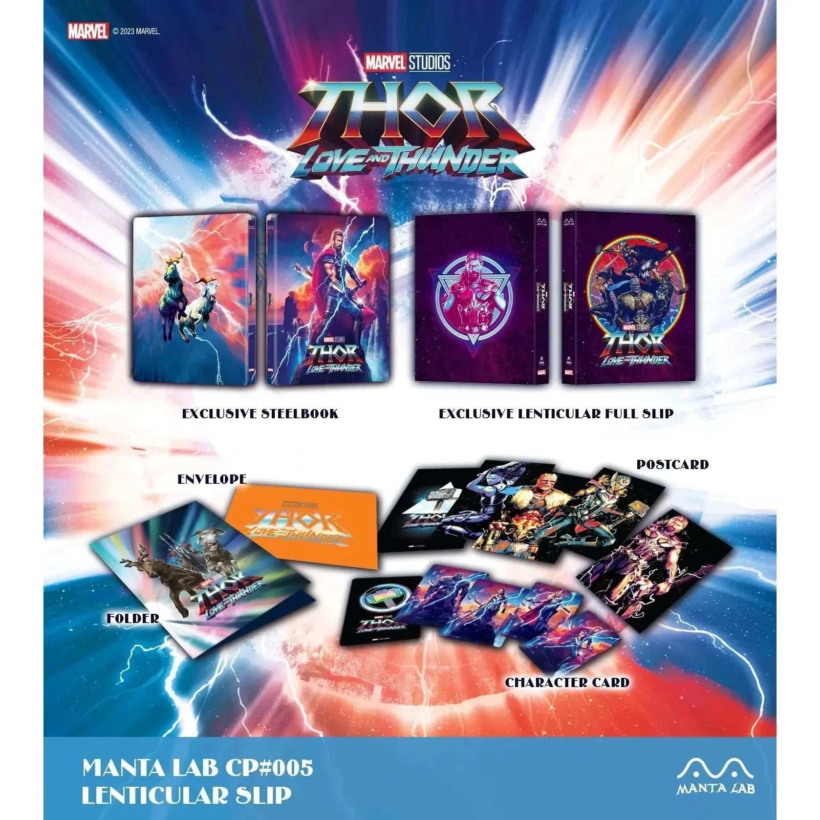 Thor: Love and Thunder collectible steelbook with numbered lenticular full slip, postcards, character cards, folder, and envelope, no discs included.