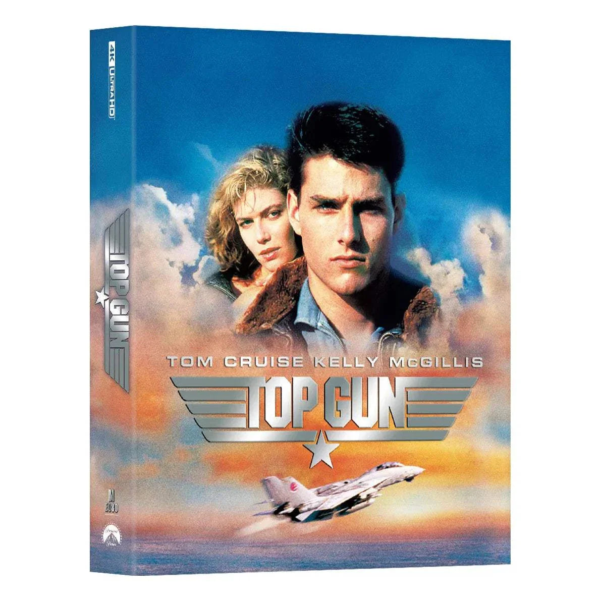 Top Gun 4K UHD Blu-Ray Steelbook featuring Tom Cruise and Kelly McGillis with exclusive glossy finish and fighter jet design